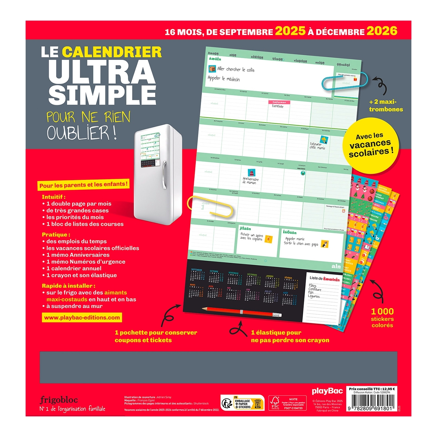 Frigobloc Le calendrier Ultra Simple pour une famille organisée ! (de sept. 2025 à déc. 2026) -   - PLAY BAC