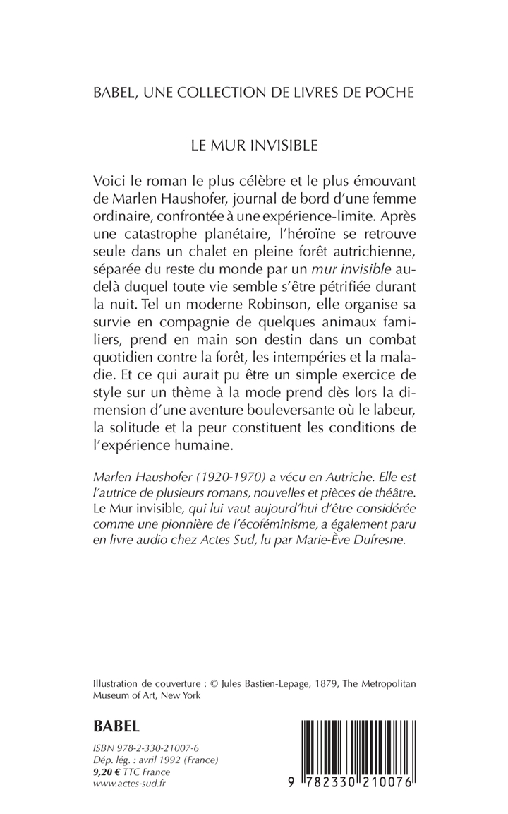 Le Mur invisible (Prépas scientifiques 2025-2026) - Marlen Haushofer, Patrick Charbonneau, Jacqueline Chambon, Liselotte Bodo - ACTES SUD