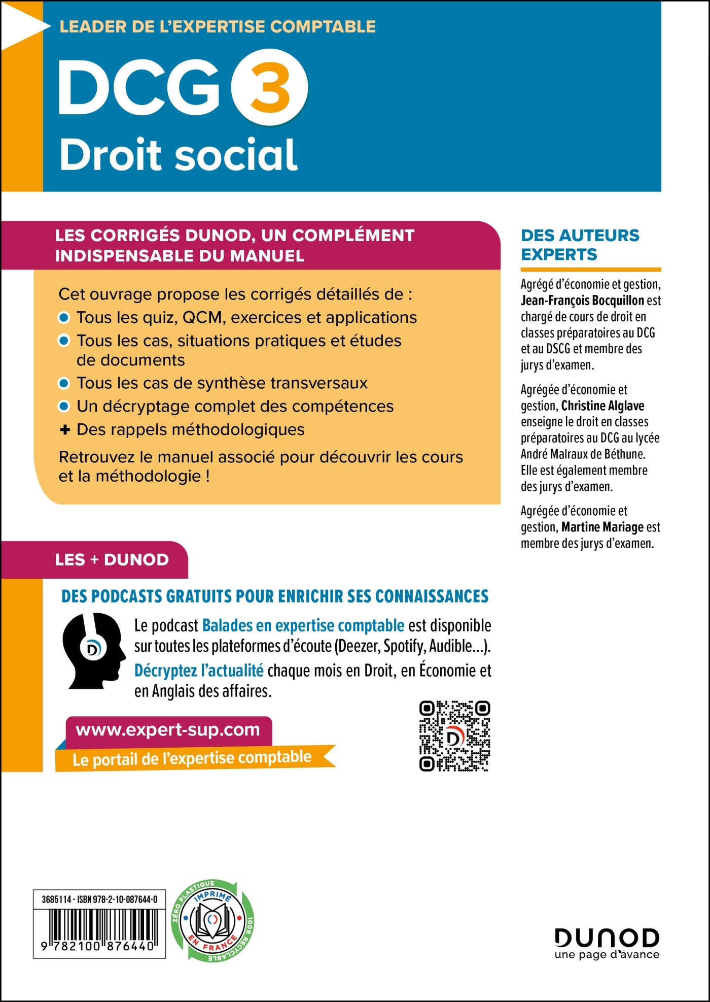 DCG 3 - DROIT SOCIAL - CORRIGÉS 2025-2026 - Jean-François Bocquillon, Christine Alglave, Martine Mariage - DUNOD