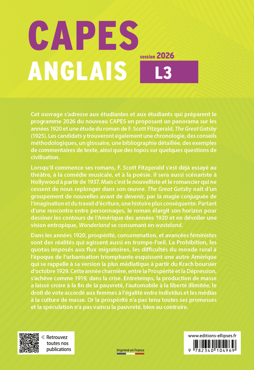 CAPES Anglais 2026 - Bac + 3 - "The Great Gatsby" de Francis Scott Fitzgerald (1925) et la société des années 1920 aux États-Unis, de la mise en œuvre du National Prohibition Act au krach boursier de 1929 -  Collectif, Christine Chollier, Gérald Préher - 