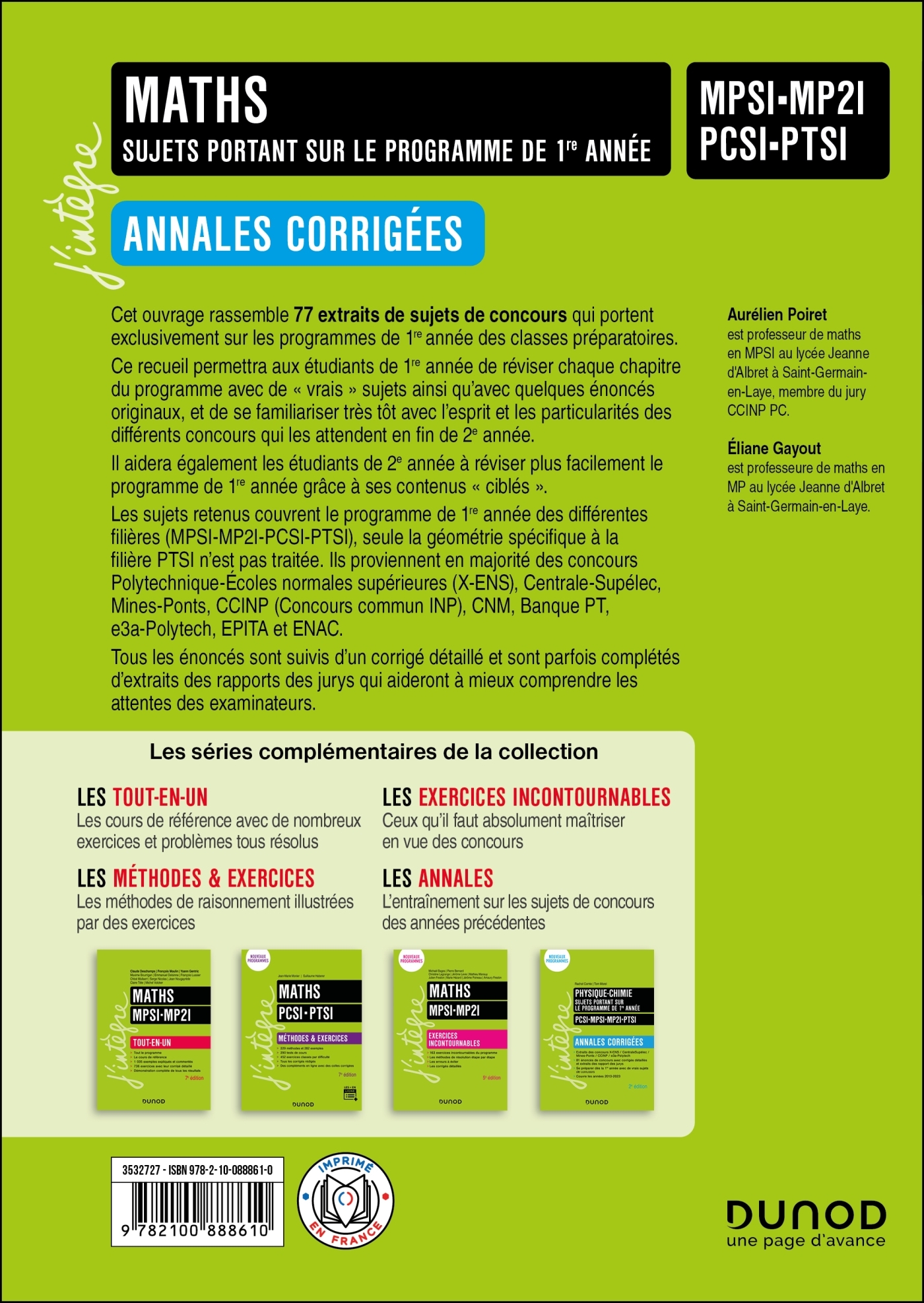 Maths sujets portant sur le programme de 1re année, Annales corrigées, MPSI-MP2I-PCSI-PTSI - Aurélien Poiret, Eliane Gayout - DUNOD