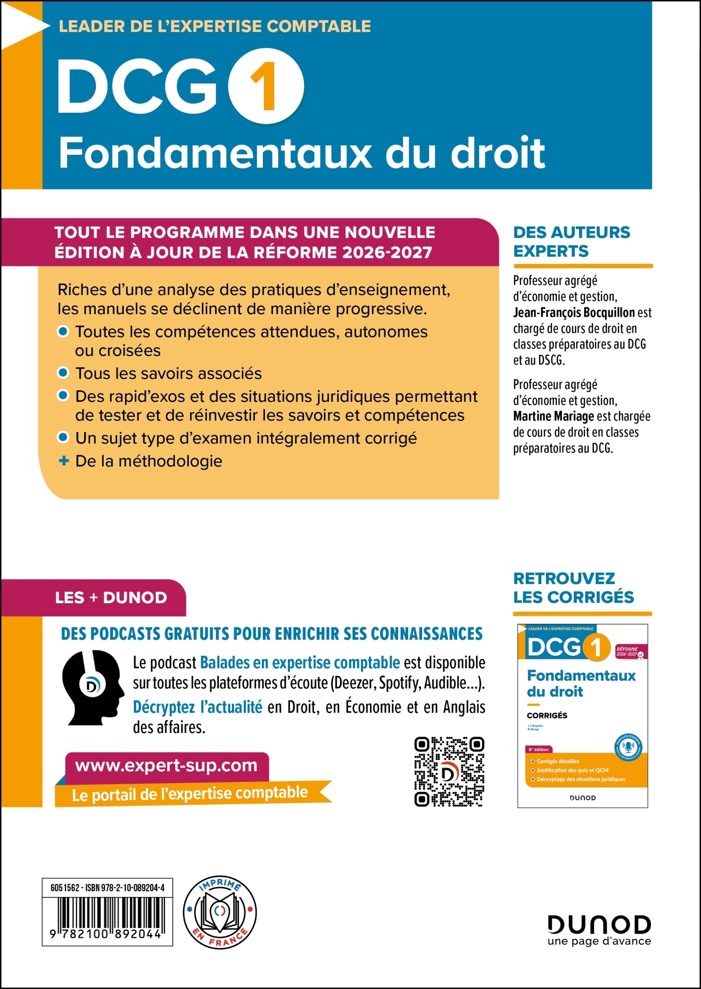 DCG 1 - Fondamentaux du droit - Manuel - Réforme 2026-2027 - Jean-François Bocquillon, Martine Mariage - DUNOD