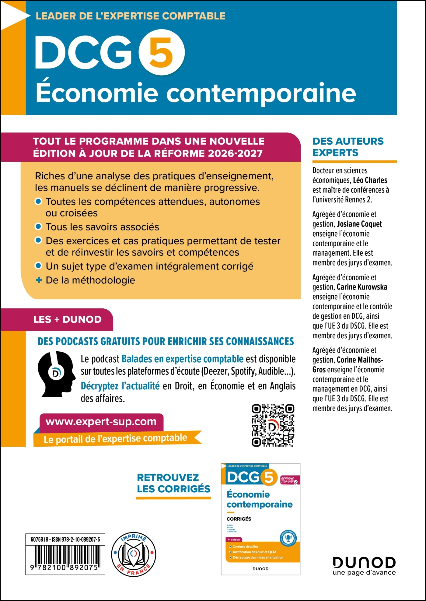 DCG 5 - Économie contemporaine - Manuel - Réforme 2026-2027 - Corine Gros, Léo CHARLES, Josiane Coquet, Carine Kurowska, Corine Mailhos-Gros - DUNOD