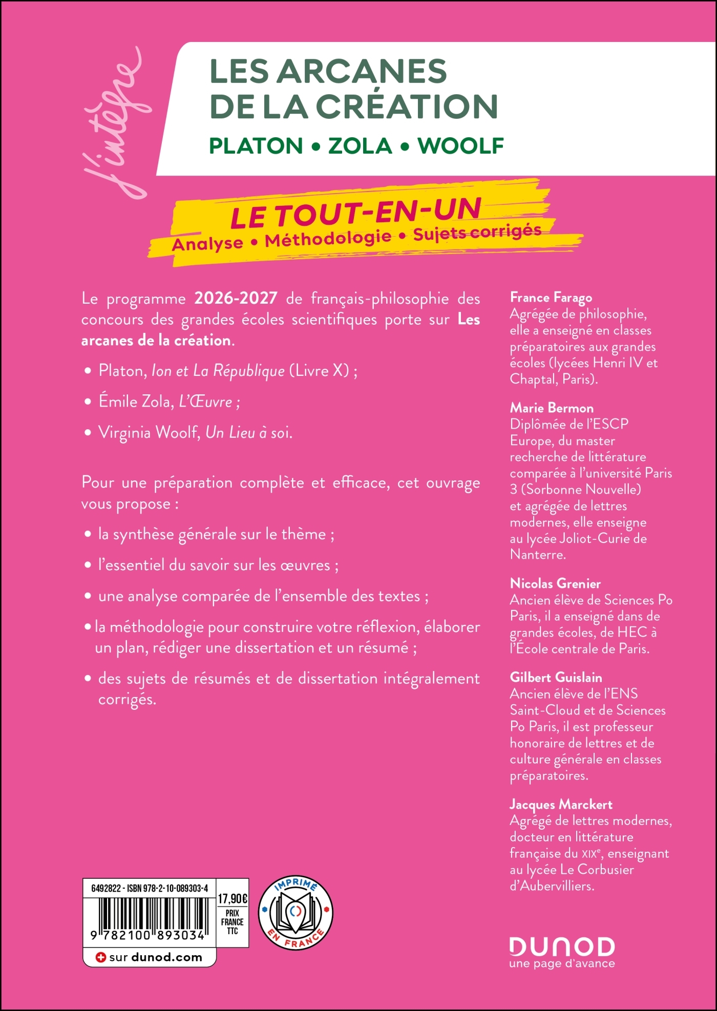 Manuel Prépas scientifiques Les arcanes de la création Français-Philosophie - 2026-2027 - FRANCE FARAGO, Marie Bermon, Nicolas Grenier, Gilbert Guislain, Christine Lamotte, Jacques Marckert - DUNOD