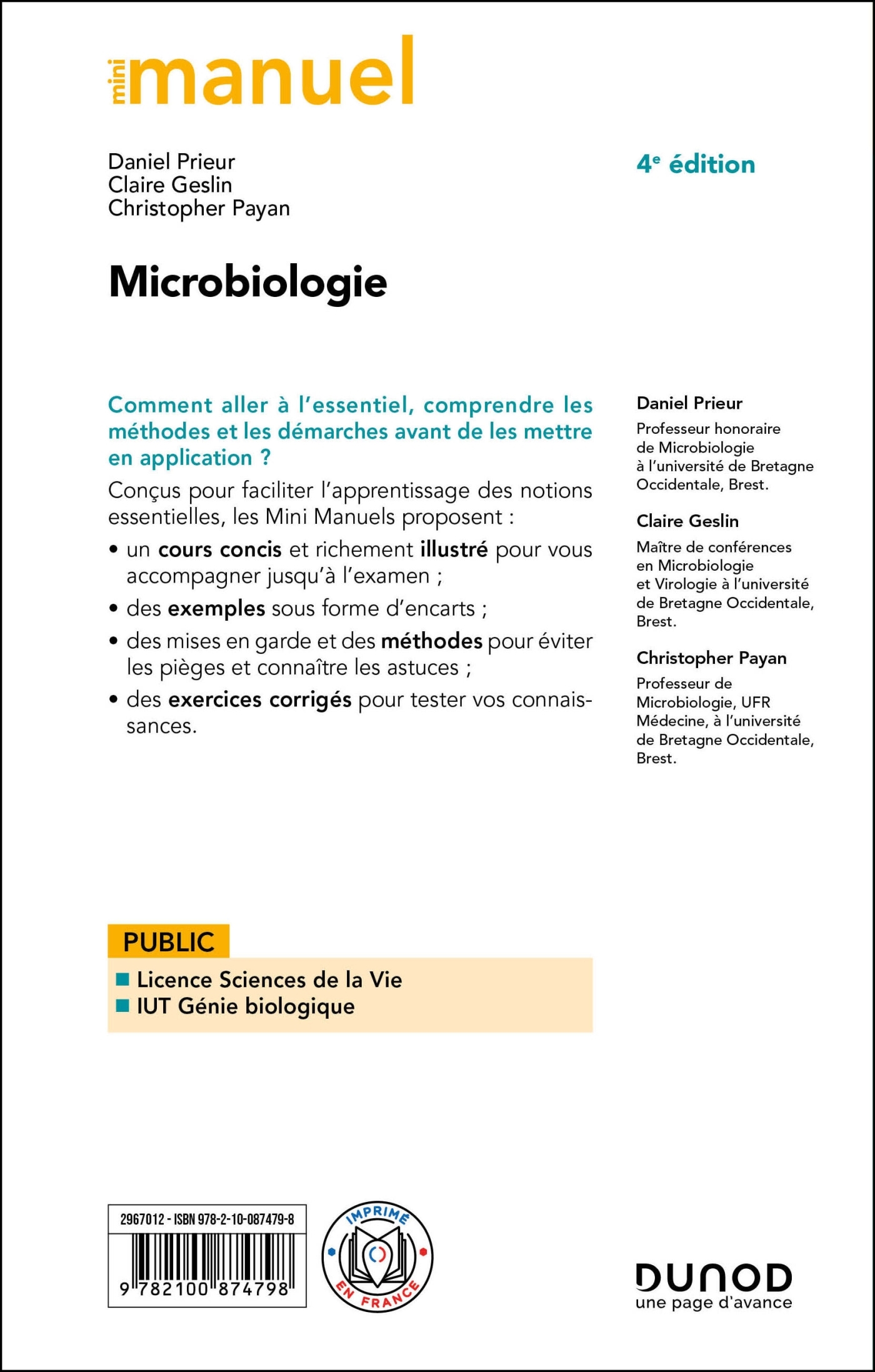 Mini Manuel - Microbiologie - 4e éd - Daniel Prieur, Claire Geslin, Christopher Payan - DUNOD